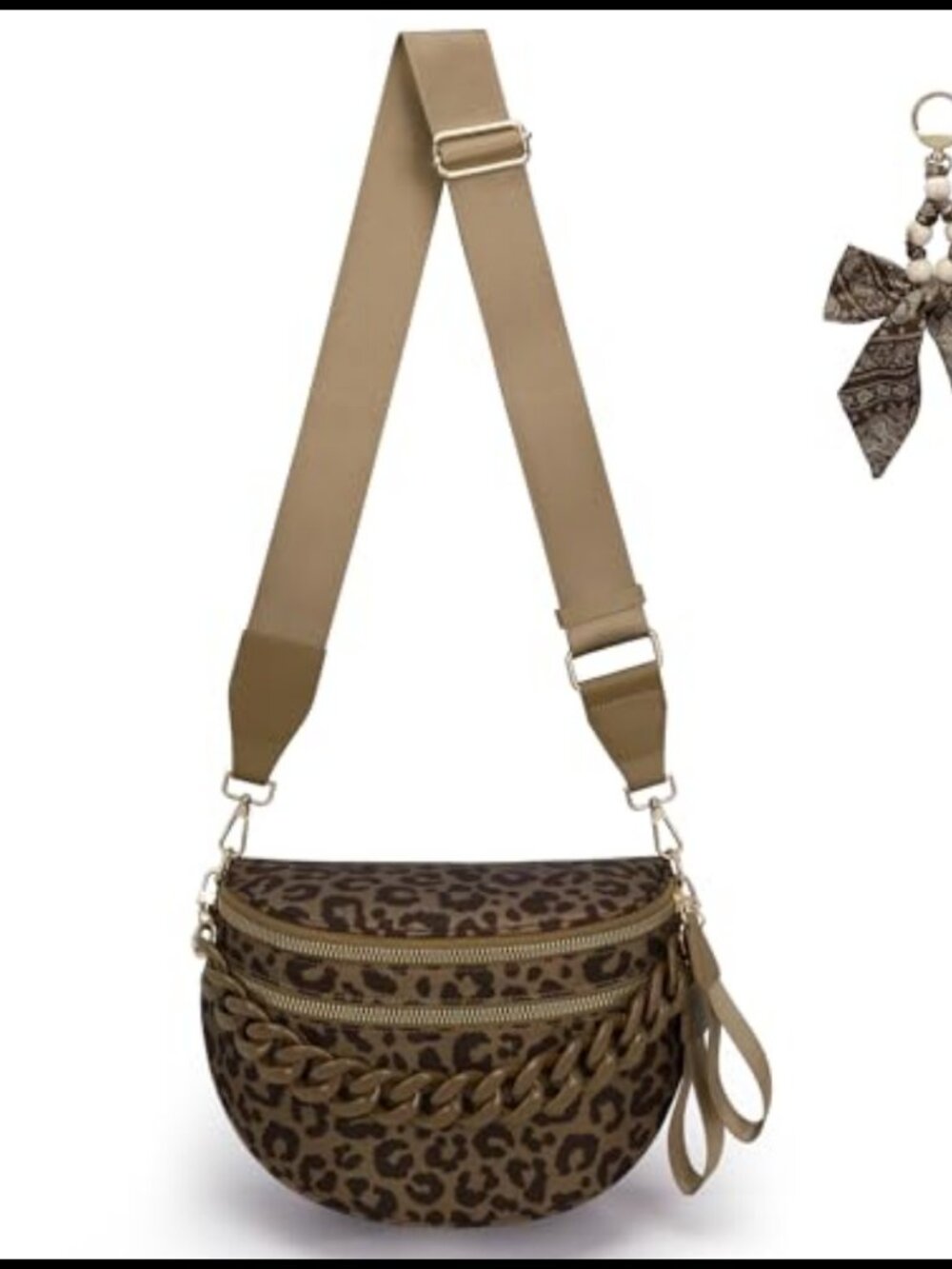 Nylon Leopard Crossbody Bum Bag Fanny Pack Double Zip Bow Chain Strap